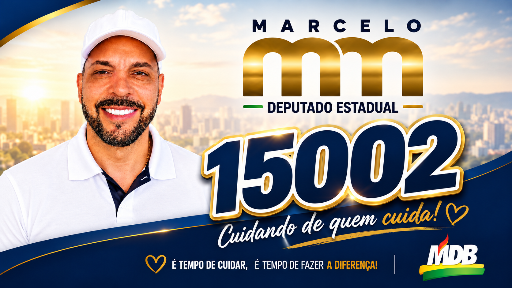 Marcelo MM, candidato a deputado estadual pelo MDB, número 15002. Cuidando de quem cuida. É tempo de cuidar, é tempo de fazer a diferença.